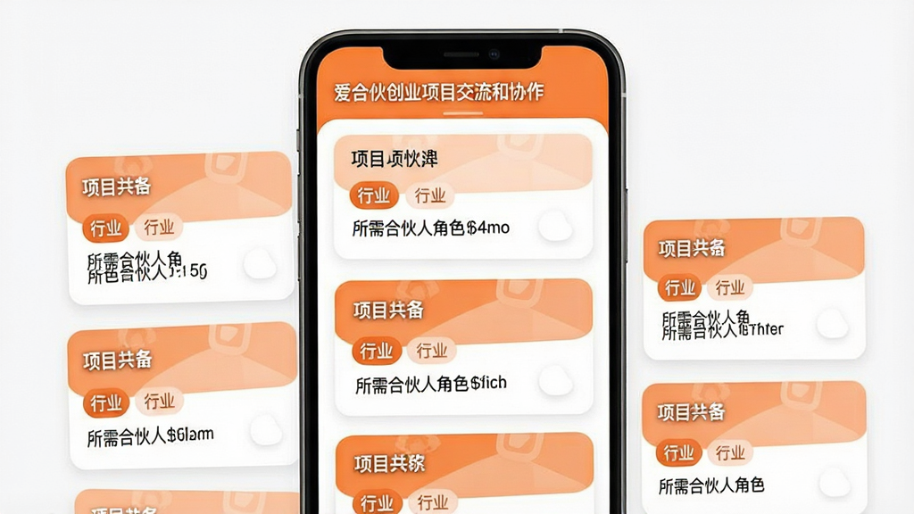 ����չʾһ���ֻ�Ӧ�õ���Ŀ�㳡ҳ�棬��������д�š����ϻﴴҵ��Ŀ������Э������ҳ���������ٲ������е���Ŀ��Ƭ��ÿ�ſ�Ƭ������Ŀ���ơ���ҵ��ǩ������ϻ��˽�ɫ����Ƭ���Բ����ͣ���ɫ�ԳȰ�Ϊ���������ɾ�������ִ���ƽ������������ϸ�ھ��£�������Ԫ��