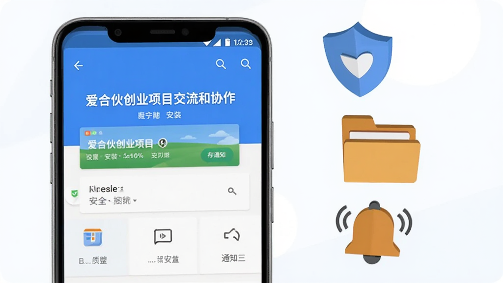 ������һ����׿�ֻ���Ļ��ʾ�����ϻﴴҵ��Ŀ������Э�����İ�װ���棬��Ļ�Ա��п�ͨ������ʾͼ�꣬�������ƴ�����ȫ���ļ��д����洢����������֪ͨ������������������Ϊ��ƽ����Ϣͼ����ɫ���׳ȣ����ʸɾ��������������޶���Ԫ��