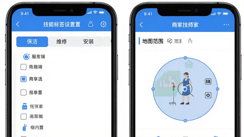 ���������̼Ҽ�ʦ�˼��ܱ�ǩ���ý����ͼ���ʾ��ͼ���ֻ���Ļչʾ�������Ͷ�ѡ��͵�ͼ��ΧȦѡ���򣬽���Ԫ�ذ������ࡢά�ޡ���װ�ȱ�ǩѡ�����ɫ�������ֹ�������ƽ��ͼ����ƣ�����������������Ԫ��
