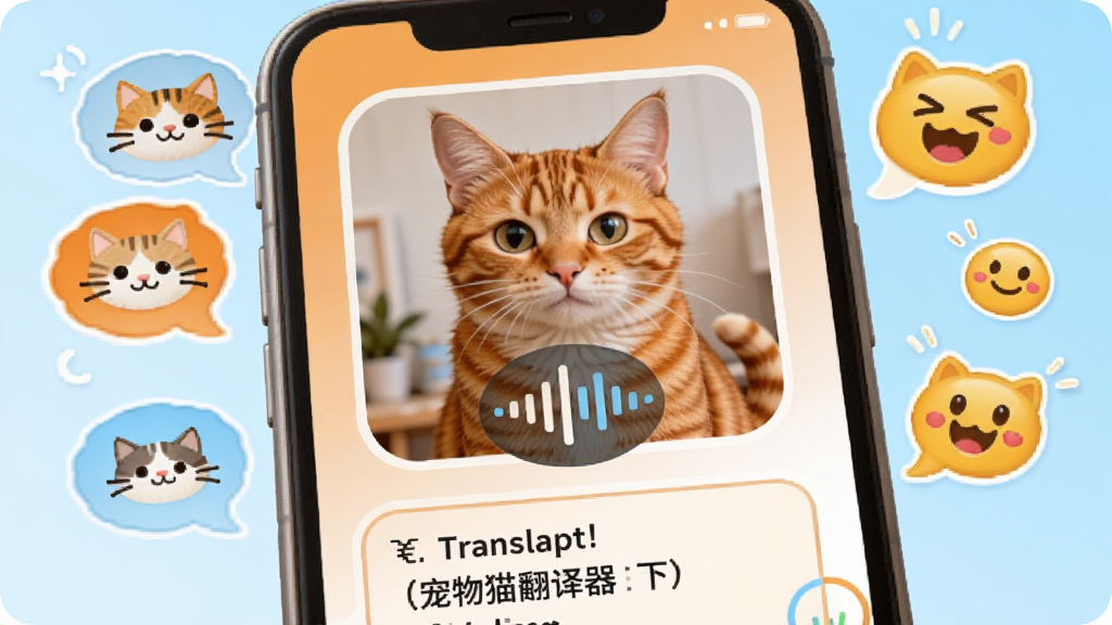 手机屏幕上显示宠物猫咪翻译器应用界面,中间是一只橘猫的照片和声波识别图标,下方有翻译结果文字框,周围环绕猫咪叫声气泡和表情符号,整体布局简洁明快,风格卡通可爱,色彩以暖橙和天蓝为主,细节圆润,画质干净清晰无多余元素