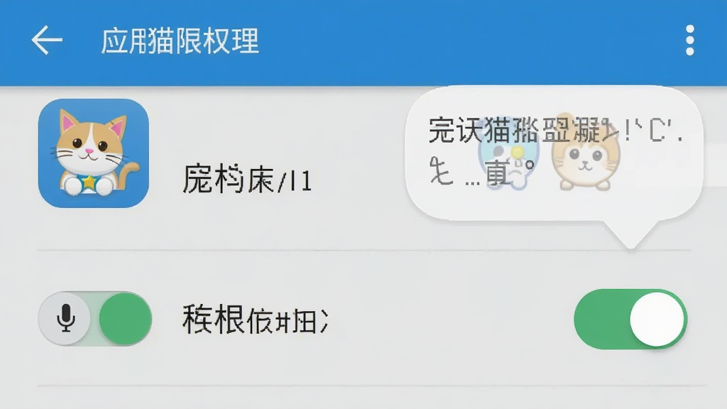 安卓手机设置界面截图示意,展示应用权限管理页面中麦克风和存储权限开关处于开启状态,旁边有宠物猫咪翻译器图标和提示气泡,风格简洁扁平,配色为蓝白灰,细节清晰,画质干净无多余元素