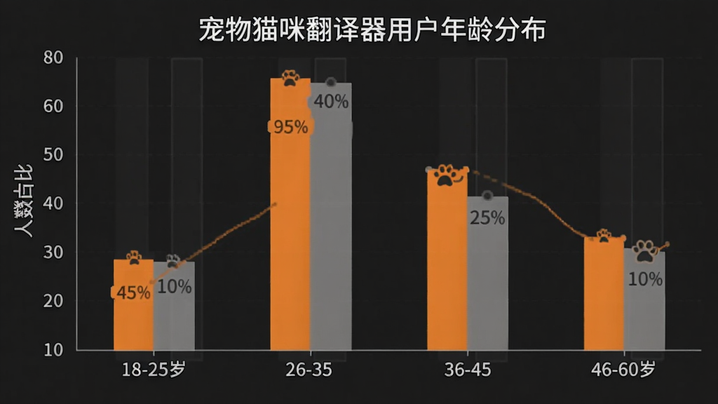 柱状图展示宠物猫咪翻译器用户年龄分布,横轴为年龄段18-25岁、26-35岁、36-45岁、46-60岁,纵轴为人数占比,柱子高度分别约为25%、40%、25%、10%,图表配色为橙色和灰色,风格简洁商务,标注清晰,画质干净无多余元素