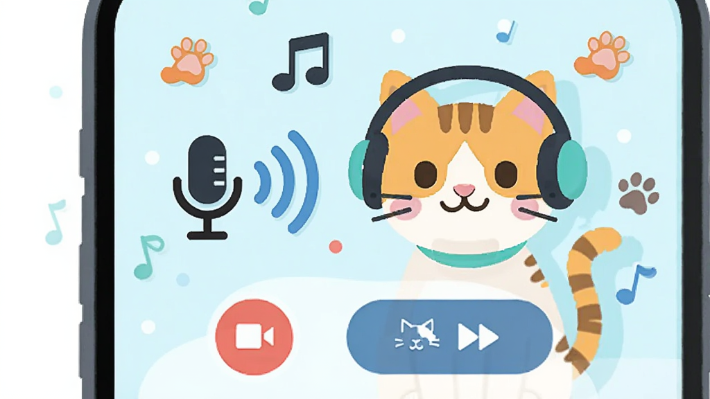 宠物猫咪翻译器应用内人声转猫语功能界面,手机麦克风图标发出声波连接到一只戴耳机的猫咪卡通形象,屏幕显示录音按钮和猫语播放按钮,背景有音符和爪印点缀,风格活泼扁平,配色清新,画质干净无多余元素
