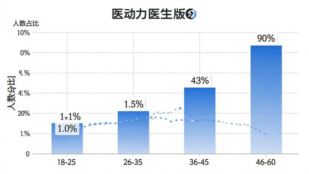 画面主体是“医动力医生版”用户年龄分布柱状图,布局为横轴标注年龄段18-25、26-35、36-45、46-60,纵轴标注人数占比,柱状图采用蓝色渐变填充,排版简洁明了,风格为数据可视化图表风,细节包含百分比数值标签和网格线,画质干净清晰无多余元素