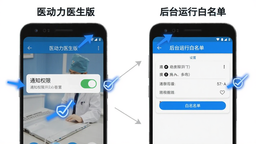 画面主体是“医动力医生版”App在安卓手机上的安装与权限设置流程示意图,布局为左侧手机界面展示通知权限开关、右侧手机界面展示后台运行白名单设置,排版为左右对比式,风格为教程图解风,细节包含蓝色高亮箭头和勾选标记,画质干净清晰无多余元素