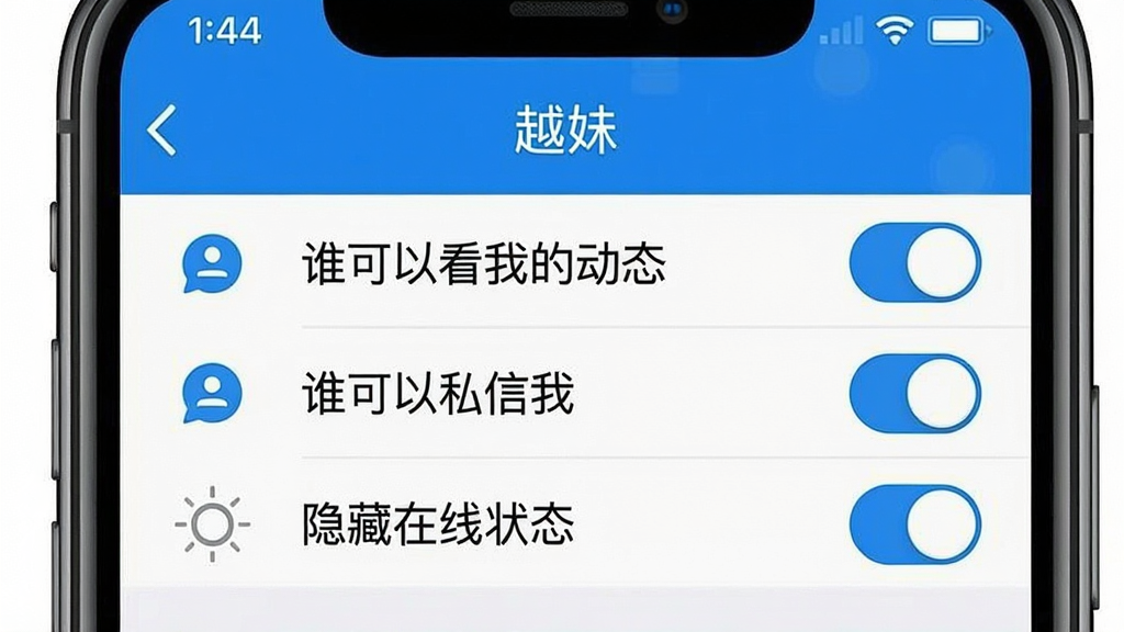 一张展示“越妹”隐私设置页面的手机截图,屏幕中列有“谁可以看我的动态”、“谁可以私信我”、“隐藏在线状态”等选项开关,界面以蓝白为主色调,图标简洁,风格严谨,画质清晰无多余元素