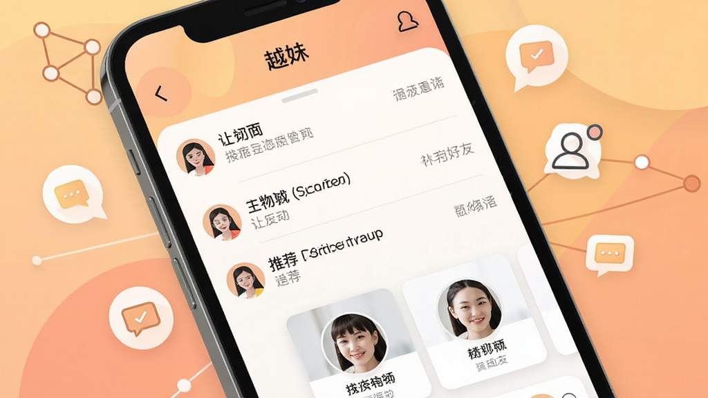 一张展示“越妹”社交应用核心界面的手机屏幕特写,屏幕中央是简洁的聊天列表和推荐好友卡片,背景是柔和的暖色调渐变,周围散落着代表连接和互动的抽象小图标,风格现代扁平,细节干净,画质清晰无多余元素