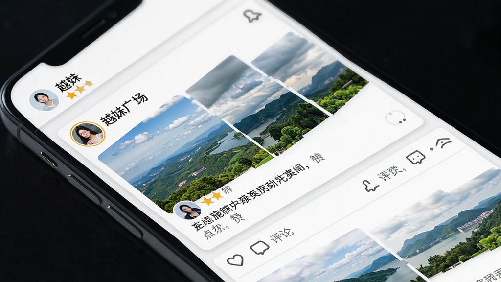 一张展示“越妹”动态广场信息流的手机界面,屏幕上显示着用户发布的图文动态卡片,包含风景照和文字描述,下方有点赞和评论图标,背景是纯白色,布局规整,风格清新,画质干净