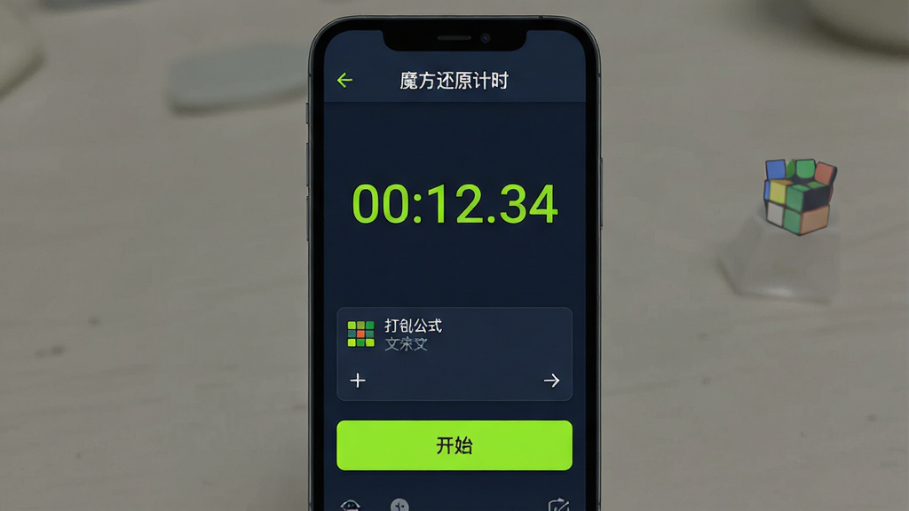 一张展示魔方还原计时软件主界面的手机截图画面,画面中央是一部竖屏手机,手机屏幕上显示着魔方还原计时应用的主界面,顶部有“魔方还原计时”字样,中间是醒目的计时数字“00:12.34”,下方排列着打乱公式文本框和开始按钮,界面背景为深色护眼模式,配色以深蓝和荧光绿为主,风格简洁扁平化,细节清晰,画质干净无多余元素