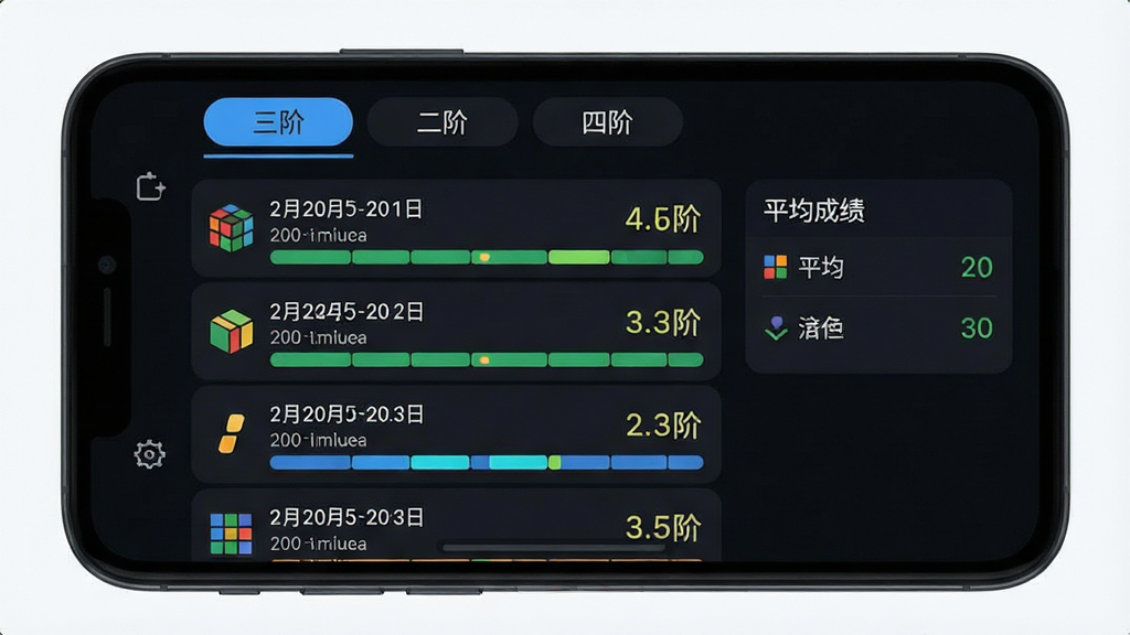 一张展示魔方还原计时成绩记录页面的手机界面图,画面中手机屏幕显示着成绩列表,列表里排列着多条带日期的还原用时记录,右侧有平均成绩统计模块,顶部标签栏显示“三阶”“二阶”“四阶”等分类,界面配色为深色背景配亮色数据条,风格现代扁平,排版整洁,画质干净无多余元素
