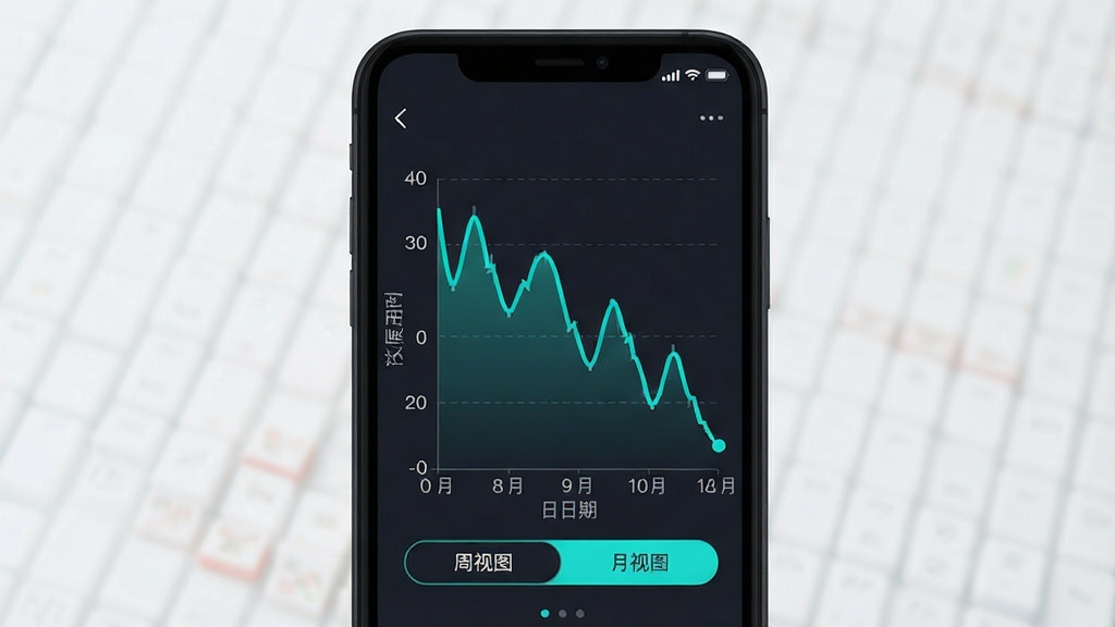一张展示魔方还原计时成绩趋势图表的手机界面图,画面中手机屏幕显示着折线统计图,横轴为日期纵轴为还原用时,折线呈波动下降趋势,图表下方有“周视图”“月视图”切换按钮,界面配色为深色背景配青绿色折线,风格数据可视化扁平设计,排版清晰,画质干净无多余元素