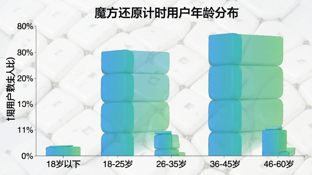 一张展示魔方还原计时用户年龄分布的柱状图,横轴为年龄段“18岁以下”“18-25岁”“26-35岁”“36-45岁”“46-60岁”,纵轴为用户人数占比,柱状图显示18-25岁和26-35岁两个区间占比最高,图表配色为蓝绿渐变,风格简洁数据可视化,背景干净无多余装饰元素