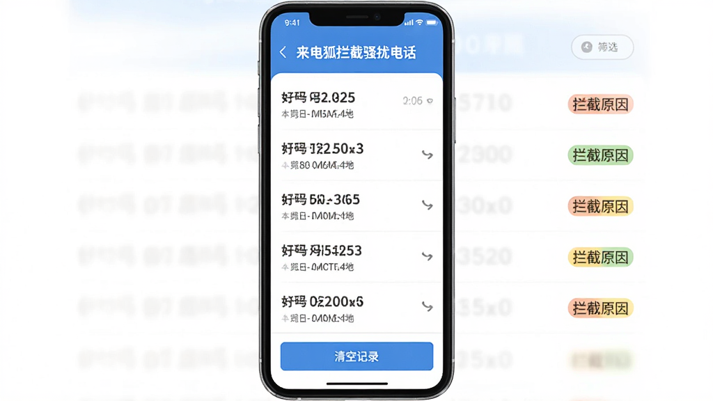 �ֻ���Ļչʾ�����������ɧ�ŵ绰�������ؼ�¼ҳ�棬�б�������ʾ�����غ��롢�����غ�����ԭ���ǩ��������ɸѡ��ť���ײ�����ռ�¼��ť�������Ű����룬������ɫ����ƽ�����ϸ�����������ʸɾ����޶���Ԫ��