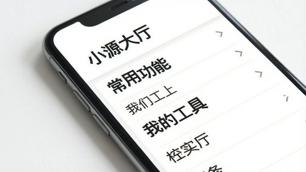 一张展示小源大厅软件界面的手机模型图,画面中手机屏幕显示着简洁的菜单列表,标题为“小源大厅”,列表项有“常用功能”、“我的工具”等,字体大而清晰,背景为白色,整体风格极简,画质干净