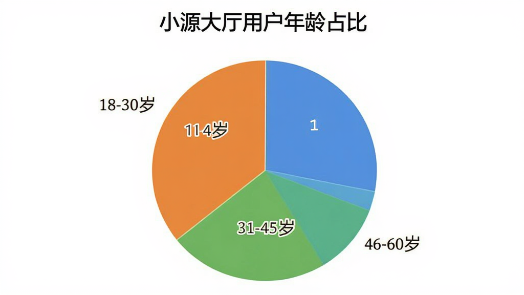 一张展示小源大厅用户年龄分布的饼状图,图表标题为“小源大厅用户年龄占比”,图中用不同颜色区分18-30岁、31-45岁、46-60岁三个年龄段的比例,风格简洁清晰,数据直观