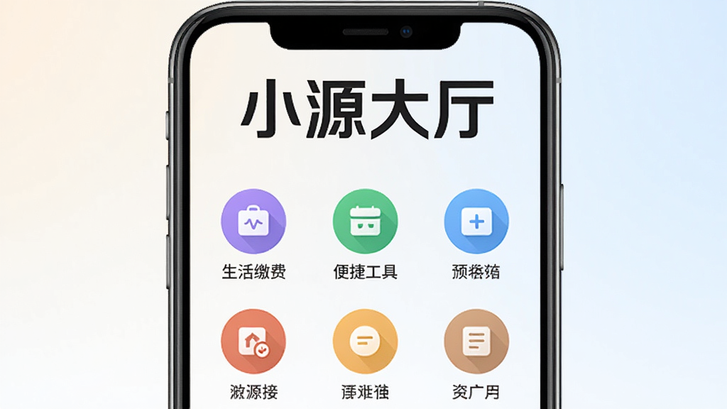 一张展示小源大厅软件主界面的手机截图,画面中央是软件首页,顶部有“小源大厅”四个大字的Logo,下方排列着几个整齐的圆形功能图标,包括生活缴费、便捷工具等,背景是干净的浅色渐变,风格简洁现代,画质清晰,无多余元素