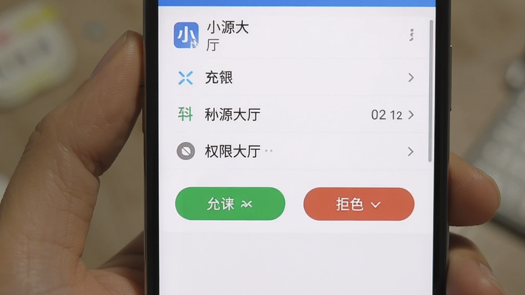 一张展示手机屏幕上应用权限管理界面的示意图,界面中显示“小源大厅”的权限列表,旁边有允许和拒绝的按钮,画面清晰,风格写实,用于说明权限设置步骤