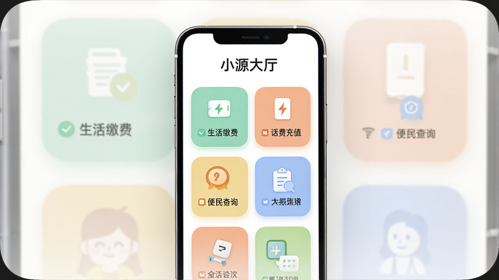 一张展示小源大厅功能聚合页面的示意图,画面中是一个手机屏幕,屏幕上显示着“小源大厅”标题,下方是一个个功能卡片,比如“生活缴费”、“话费充值”、“便民查询”等,卡片设计圆润,色彩柔和,背景干净,风格扁平化,画质清晰