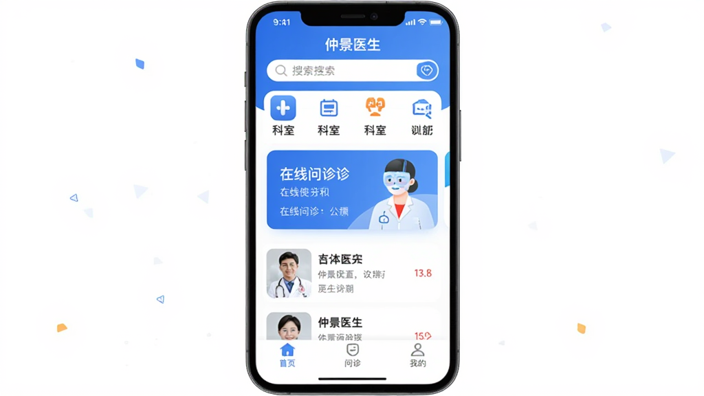 手机应用界面展示图,主体是一部居中摆放的智能手机,屏幕内显示