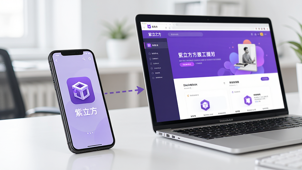 一部手机和一台笔记本电脑并排摆放,手机屏幕显示“紫立方”应用界面,电脑屏幕显示紫立方网页后台,两者之间用虚线箭头连接表示数据同步,背景为简洁的办公桌面,风格干净现代,画质清晰无多余元素