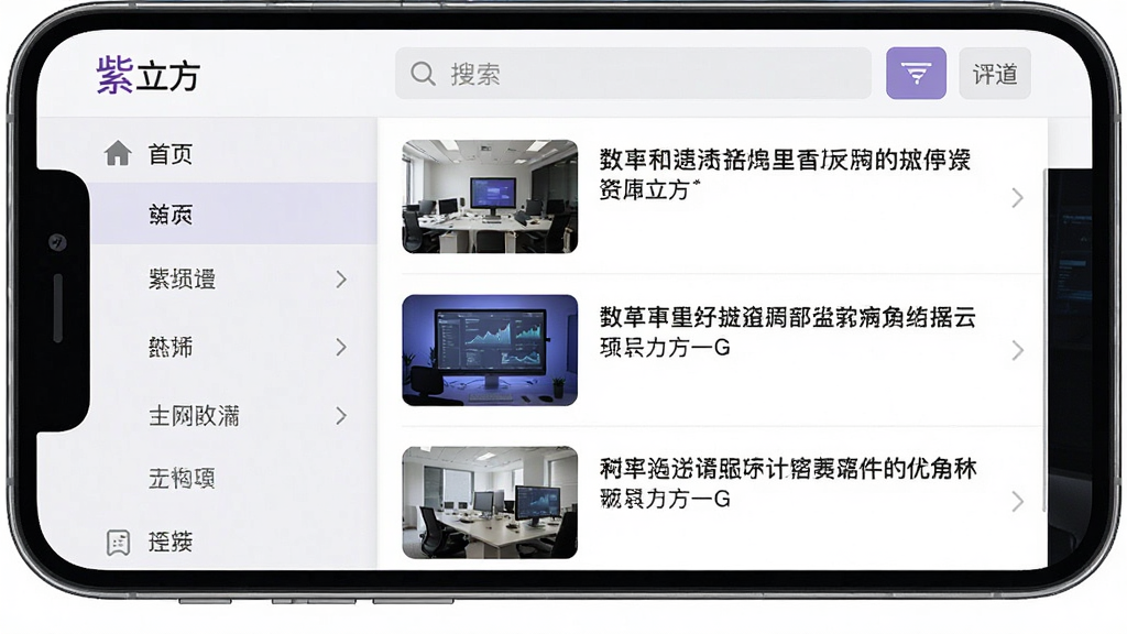 手机屏幕显示“紫立方”的内容管理列表界面,左侧为分类导航栏,右侧为文章条目列表,每条带标题和缩略图,顶部有搜索框和筛选按钮,界面以浅色为主,排版整齐,风格清爽商务,画质干净无多余元素