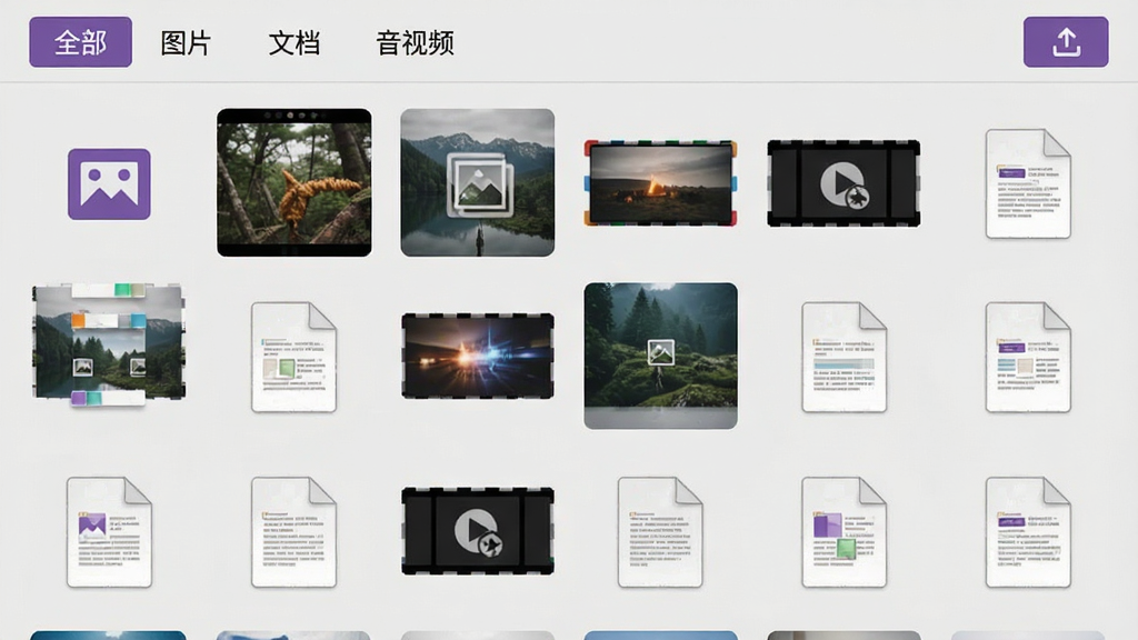紫立方媒体库界面截图,网格状排列着图片和文档缩略图,顶部有“全部”“图片”“文档”“音视频”分类标签,右上角有上传按钮,背景为浅灰色,图标清晰,风格简洁实用,画质干净无多余元素