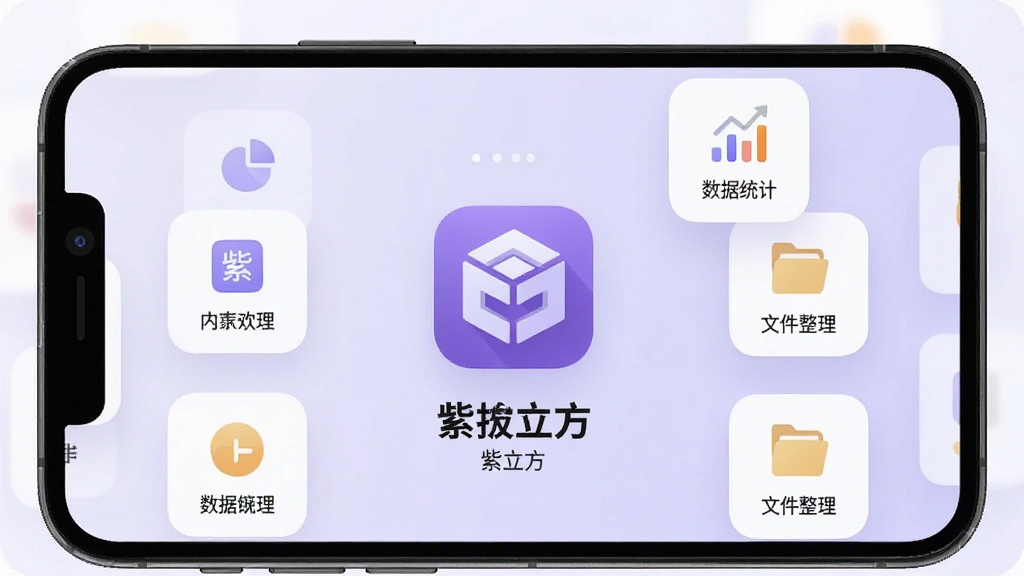 一张展示“紫立方”软件主界面的手机屏幕截图,画面中央是紫立方应用图标和欢迎界面,背景为淡紫色渐变,周围散落着内容管理、数据统计、文件整理等小图标模块,布局简洁清晰,风格现代扁平化,细节圆润,画质干净无多余元素