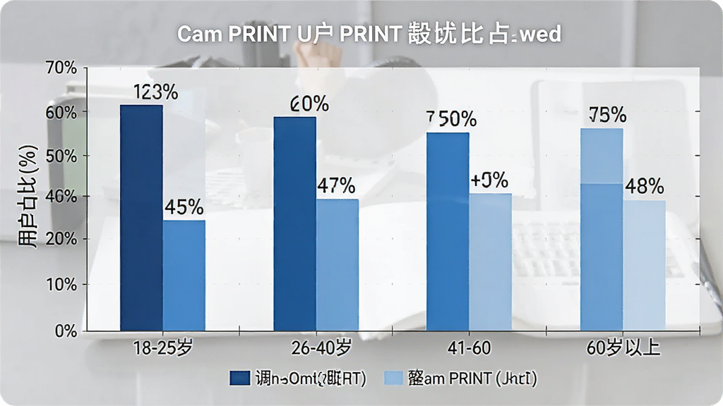 一张展示不同年龄段用户使用Cam PRINT的占比柱状图,画面主体为柱状图表格,横轴标注年龄段18-25岁、26-40岁、41-60岁、60岁以上,纵轴为用户占比百分比,柱子用不同深浅蓝色区分,布局为居中图表展示,风格为简洁数据可视化风,细节包括每根柱子顶部的百分比数字标注和底部图例说明,画质清晰干净无多余元素