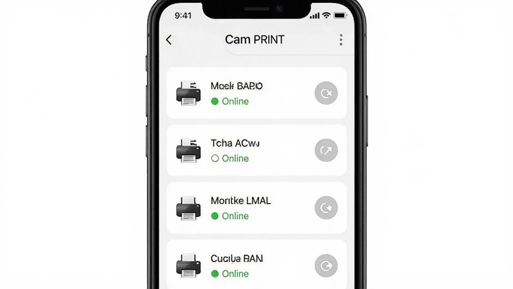 一张展示Cam PRINT应用自动扫描局域网打印机设备列表界面的图片,画面主体是手机屏幕特写,屏幕上列出多个打印机设备名称和状态图标,布局为居中手机展示,风格为写实UI截图风,细节包括设备名称旁的绿色在线状态点和刷新按钮,画质清晰干净无多余元素
