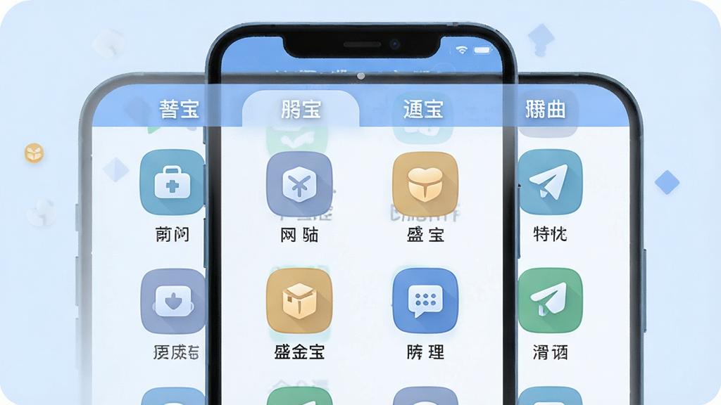 一张展示“网盛金宝”功能布局的示意图,画面中手机屏幕内呈现清晰的图标网格,每个图标下方有文字标签,分类标签横向排列,背景为淡蓝色,风格为现代扁平设计,细节圆润,画质干净,无杂乱元素