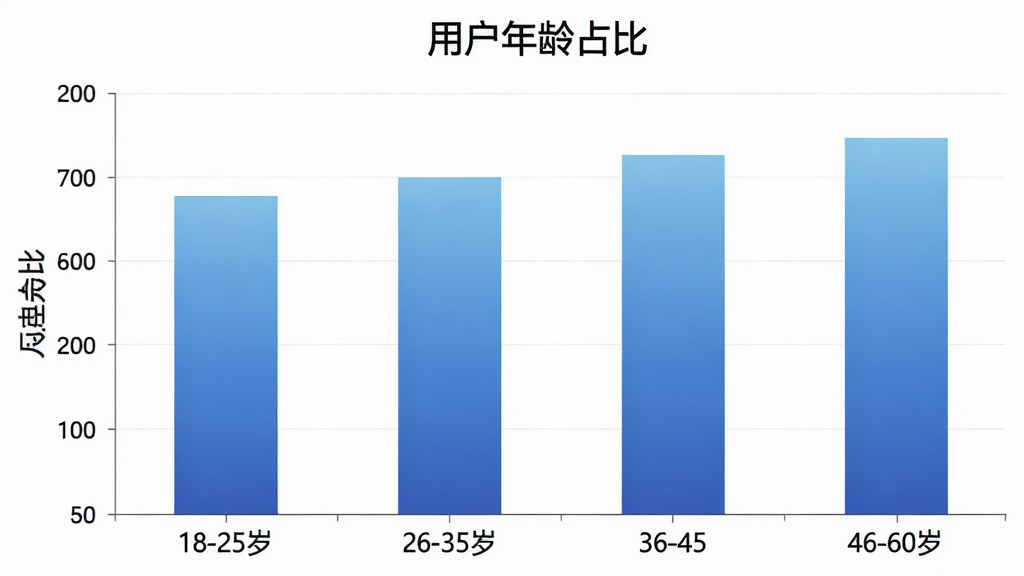 一张柱状图展示“网盛金宝”用户年龄分布,横轴为年龄段18-25岁、26-35岁、36-45岁、46-60岁,纵轴为人数占比,柱状颜色为蓝色系渐变,图表标题为“用户年龄占比”,风格简洁数据可视化,画质清晰,无多余元素