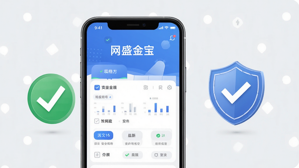 一张表现“网盛金宝”运行稳定的概念图,画面中手机屏幕显示软件界面,旁边有对勾和盾牌图标示意安全稳定,背景为浅灰色,风格简洁商务,细节干净,画质清晰,无多余装饰