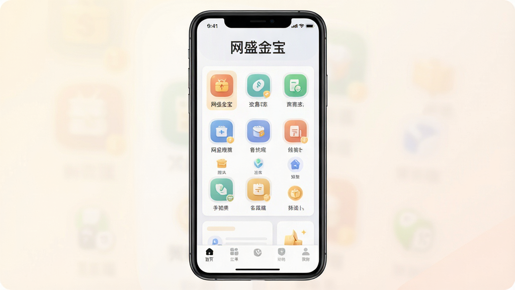 一张展示“网盛金宝”软件主界面的手机截图风格图片,画面中央是手机屏幕,屏幕内显示软件首页布局,顶部有“网盛金宝”字样,中间是功能图标网格,底部是导航栏,背景为浅色渐变,风格简洁现代扁平化,细节清晰圆润,画质干净明亮,无多余元素