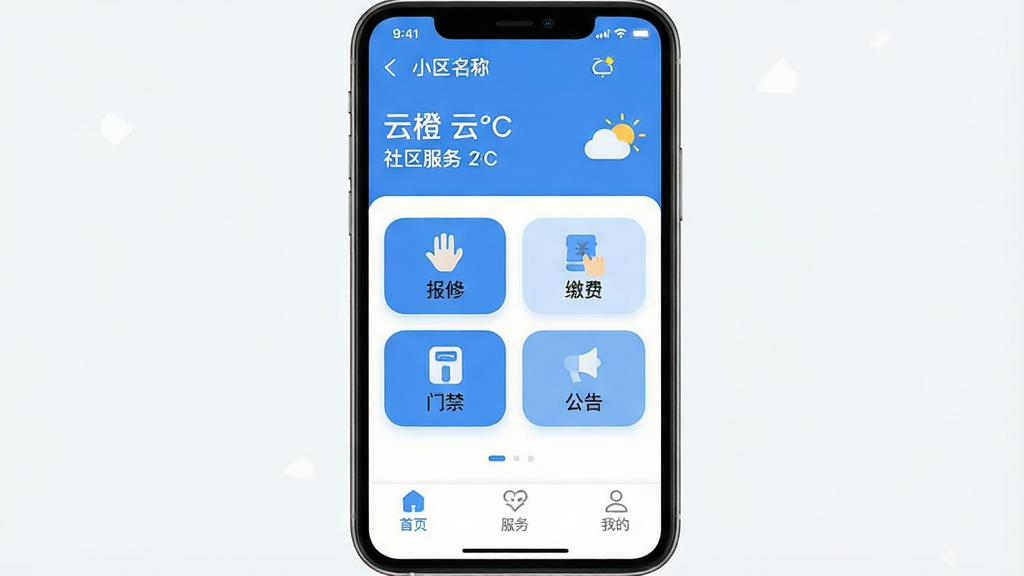 一张展示“云橙”应用核心界面的手机屏幕截图,画面中央是简洁的社区服务首页,顶部显示小区名称和天气,中间排列着“报修”“缴费”“门禁”“公告”四个圆角矩形功能图标,底部是“首页”“服务”“我的”三个选项卡,整体布局干净,采用蓝白配色,风格现代扁平,图标细节圆润,画质清晰无多余元素