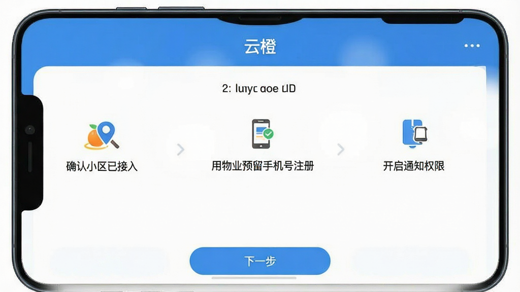 一张展示“云橙”新手引导页面的手机界面图,画面中显示三步操作提示,分别是“确认小区已接入”“用物业预留手机号注册”“开启通知权限”,每一步配有小图标和简短文字说明,底部有“下一步”按钮,整体采用蓝白配色,布局清晰,风格简洁现代,画质干净无多余元素