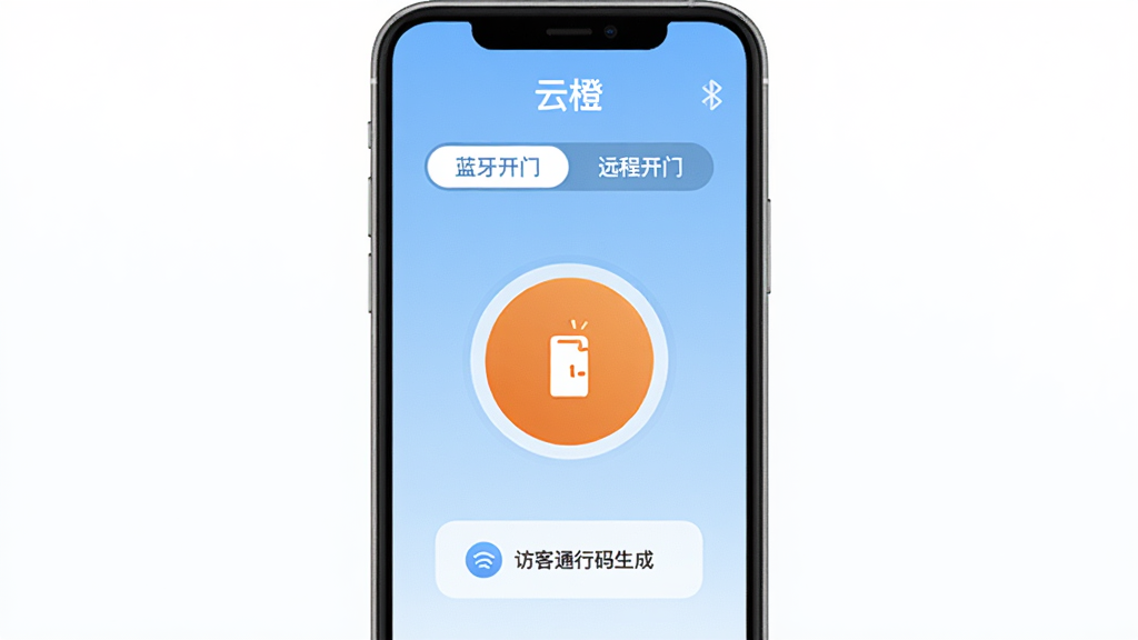 一张展示“云橙”手机开门功能界面的手机图,画面中央是一个醒目的圆形开门按钮,上方显示“蓝牙开门”和“远程开门”两个切换标签,下方是访客通行码生成入口,背景为浅蓝色渐变,整体布局简洁,图标圆润,风格现代扁平,画质干净无多余元素