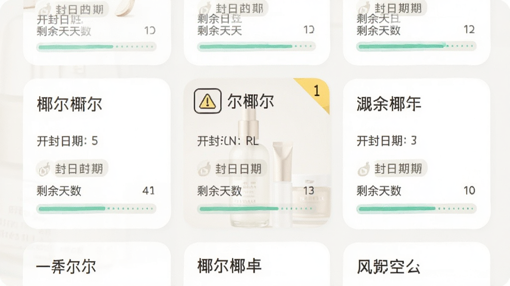 椰尔应用产品库界面截图风格展示,手机屏幕中排列着多个护肤品卡片,每张卡片有产品名称、开封日期标签和剩余天数进度条,其中一张卡片显示黄色提醒标识,整体浅色系UI设计,布局整齐清晰,画质干净