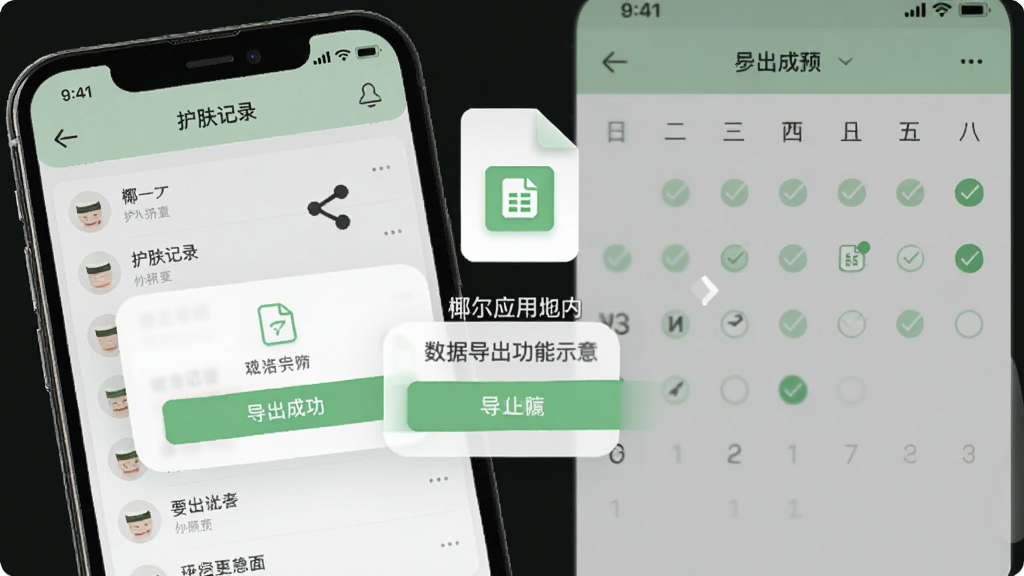椰尔应用内数据导出功能示意画面,手机屏幕显示导出成功提示弹窗,背景是护肤记录列表和日历打卡视图,画面中有表格文件图标和分享箭头元素,浅绿色调UI风格,简洁干净