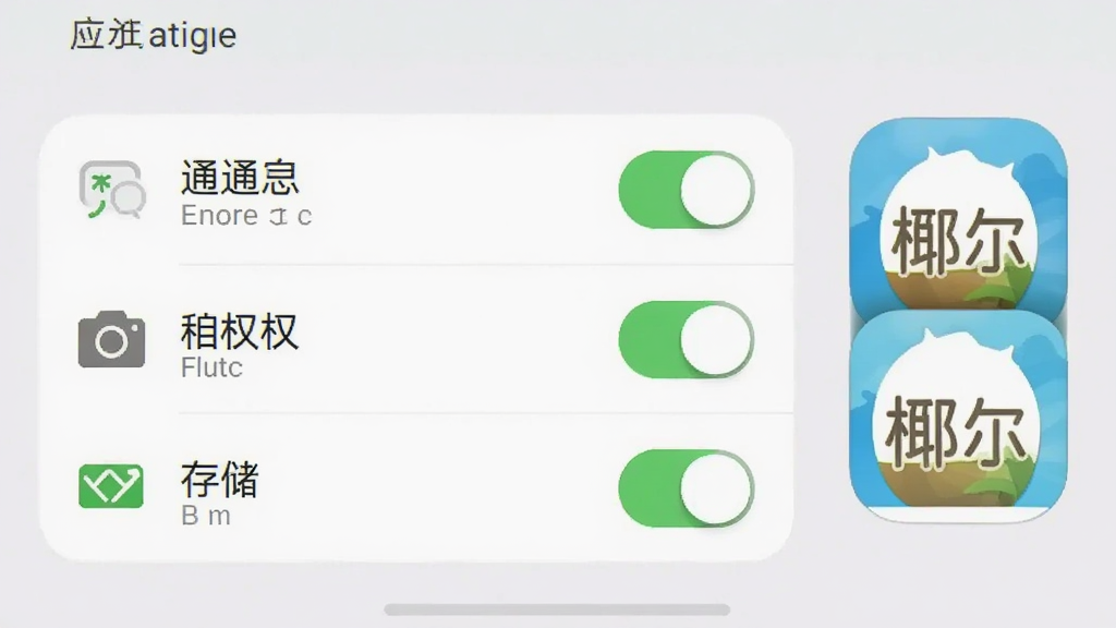 手机设置界面截图风格展示,展示应用权限管理页面,包含通知权限、相机权限、存储权限开关选项,旁边有椰尔应用图标,整体界面干净清晰,浅色主题