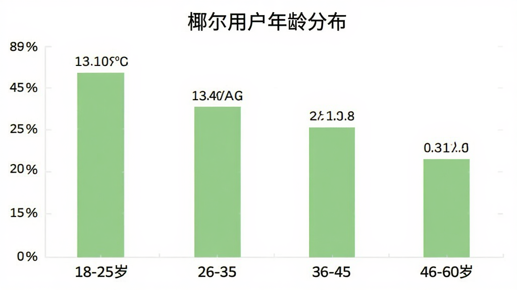 柱状图展示椰尔用户年龄分布,横轴为年龄段18-25岁、26-35岁、36-45岁、46-60岁,纵轴为用户占比百分比,柱体为浅绿色,背景白色,图表标题