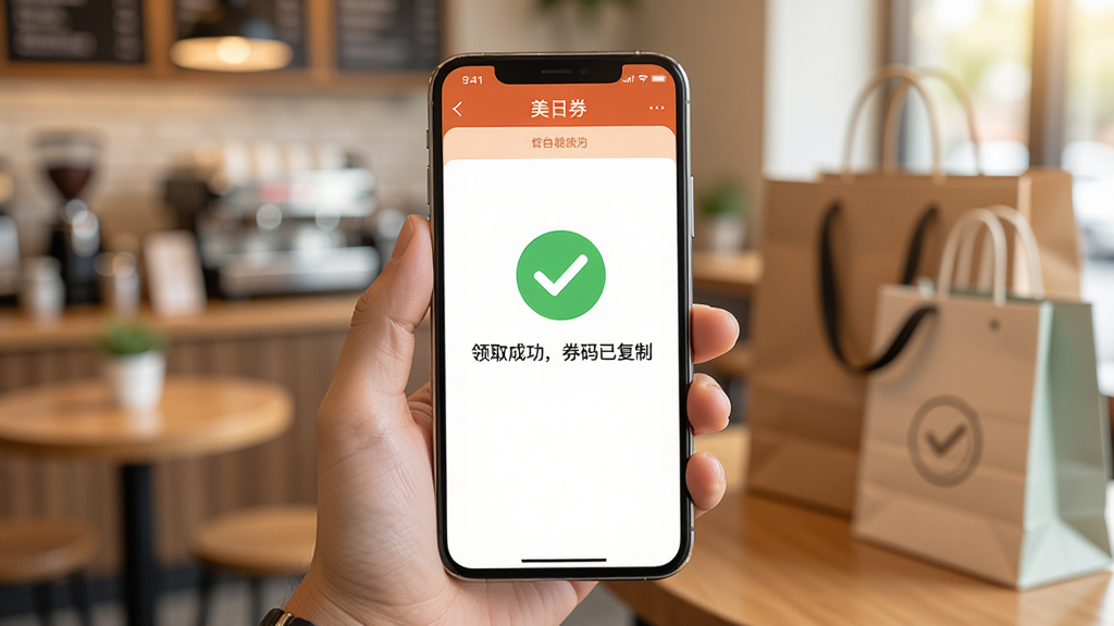 һ��AI���ɵĳ���ͼ��������һֻ�������ֻ����ֻ���Ļ����ʾ������ȯ��APP����ȯ�ɹ�ҳ�棬ҳ��������һ����Ŀ�ĶԹ�ͼ��͡���ȡ�ɹ���ȯ���Ѹ��ơ���������ʾ���������黯�Ŀ��ȵ�͹����Ԫ�أ�����ɫ����ů���������дʵ�Ҹɾ�����������������