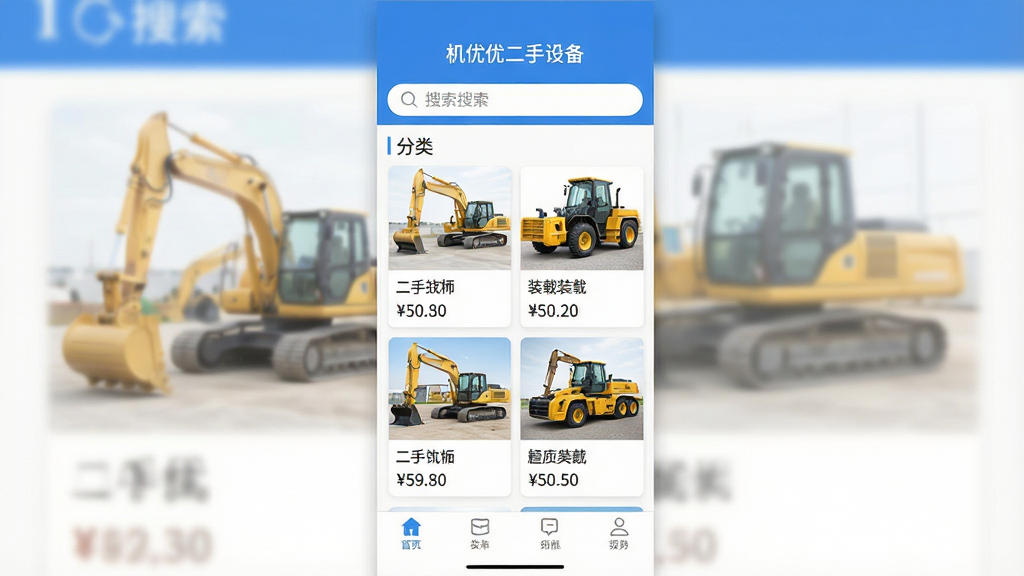 一张手机应用界面展示图,画面中央是“机优优二手设备”App的主页,顶部搜索栏清晰,中间是分类明确的二手挖掘机、装载机、起重机等设备卡片列表,每张卡片配有设备缩略图和价格标签,底部导航栏简洁,整体色调以蓝白为主,风格现代扁平,画质干净清晰,无多余装饰元素