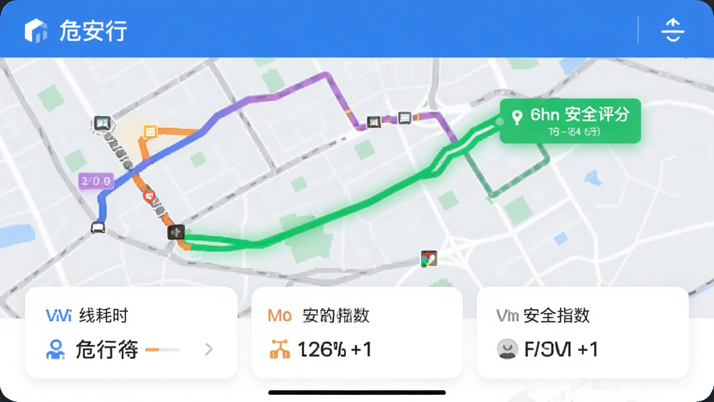 ��Σ���С�Ӧ����·���Ƽ����棬��ͼ�϶���·���ò�ͬ��ɫ��ע��ȫ�ȼ�����ɫ�����Ƽ�·������ʾ��ȫ���ֱ�ǩ���ײ���Ƭ�г���·�ߺ�ʱ�밲ȫָ�������岼��������������ɫ������ƽ�ִ���񣬻��ʸɾ�