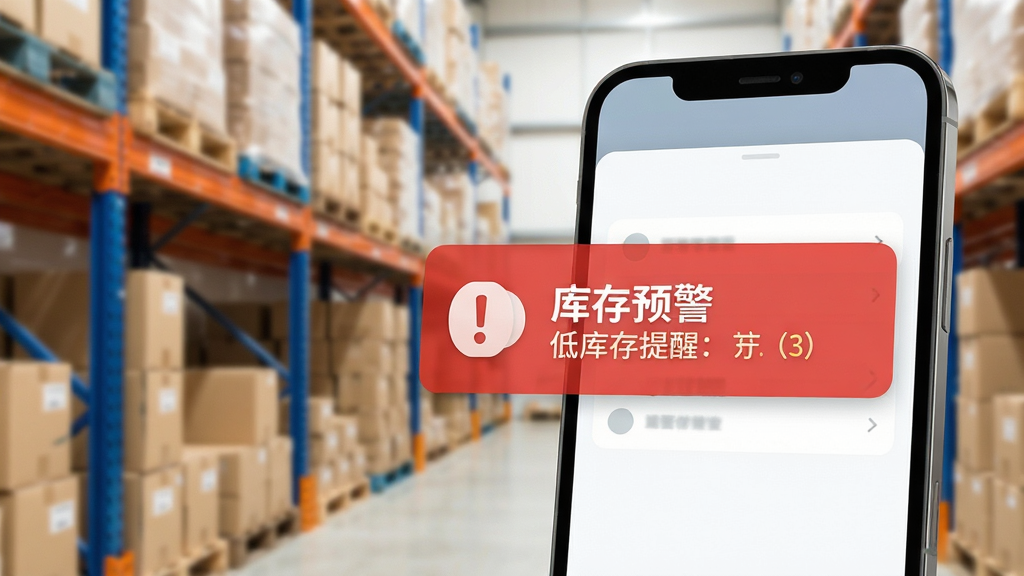 一个展示库存预警功能的场景图,主体是手机屏幕特写,屏幕上显示一条红色的低库存提醒通知,布局中手机位于画面右侧,左侧有代表仓库货架的模糊背景,排版突出提醒弹窗,风格为写实商务风,细节上通知图标带有感叹号,背景货架上有纸箱,画质清晰明亮,画面干净无多余元素