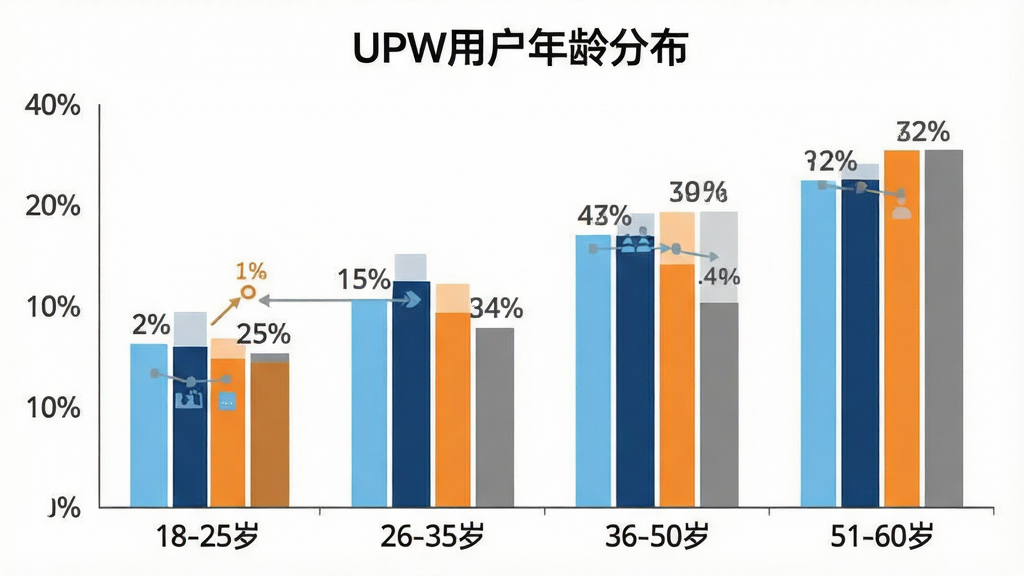 一个柱状图展示不同年龄段用户占比,横轴标注“18-25岁”“26-35岁”“36-50岁”“51-60岁”,纵轴为百分比,柱体颜色分别为浅蓝、深蓝、橙色、灰色,图表标题为“UPW用户年龄分布”,布局简洁居中,风格为扁平化信息图,细节上每个柱子上方有具体百分比数字,背景纯白,画质清晰干净,画面无多余元素