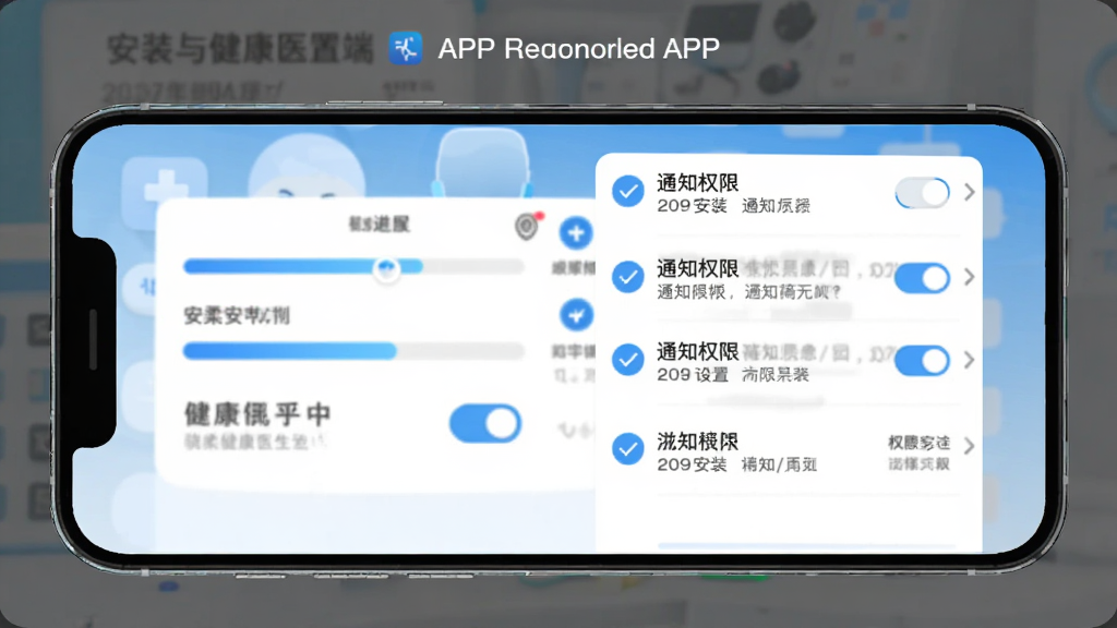 ���ὡ��ҽ����APP��װ��Ȩ������ʾ��ͼ������Ϊ�ֻ���ĻչʾӦ�ð�װ������֪ͨȨ�޿��أ���������Ϊ��װ����������ΪȨ�������б�������ƽ���Ƽ�����ɫ��ϸ�ڰ�����ѡͼ������ʾ���֣����������ɾ��޶���Ԫ��