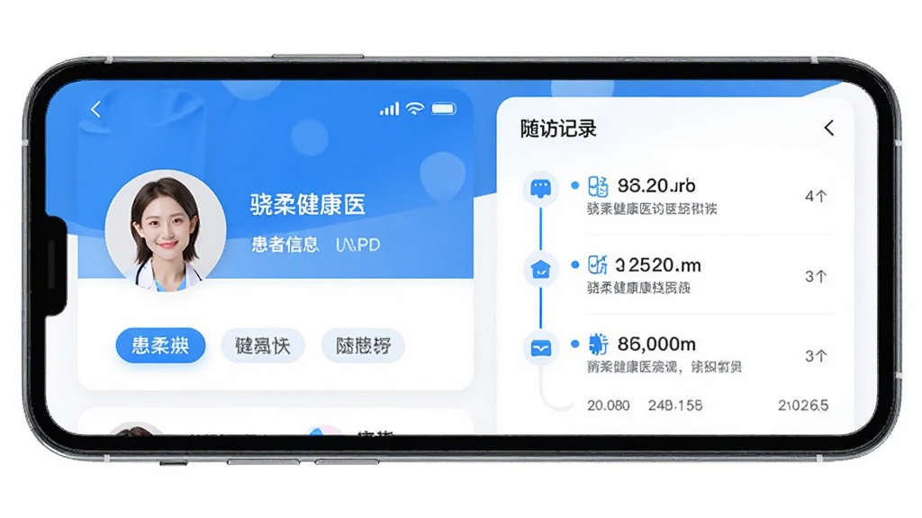 ���ὡ��ҽ����APP���ߵ����������棬����Ϊ�ֻ���Ļ��չʾ������Ϣ��Ƭ�벡ʷʱ���ߣ���������Ϊ����ͷ�����ǩ����Ϊ��ü�¼�б��������ҽ��������ɫ��ϸ�ڰ���ͼ�������ֱ�ǩ�����������ɾ��޶���Ԫ��