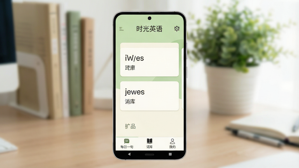 һ���ֻ�Ӧ�ý���չʾͼ��������һ��������׿�ֻ�����Ļ����ʾ��ʱ��Ӣ�APP�������棬�������װ�ɫ��ǳ��ɫΪ��ɫ���������С�ʱ��Ӣ����ֱ�ʶ���м��ǵ��ʿ�Ƭ������ʾӢ�ĵ��ʺ��������壬�ײ��С�ÿ��һ�䡱���ʿ⡱���ҵġ���������ͼ���ǩ���������黯����������ֲ�����������¼�Լ�����ʸɾ��������޶���Ԫ��