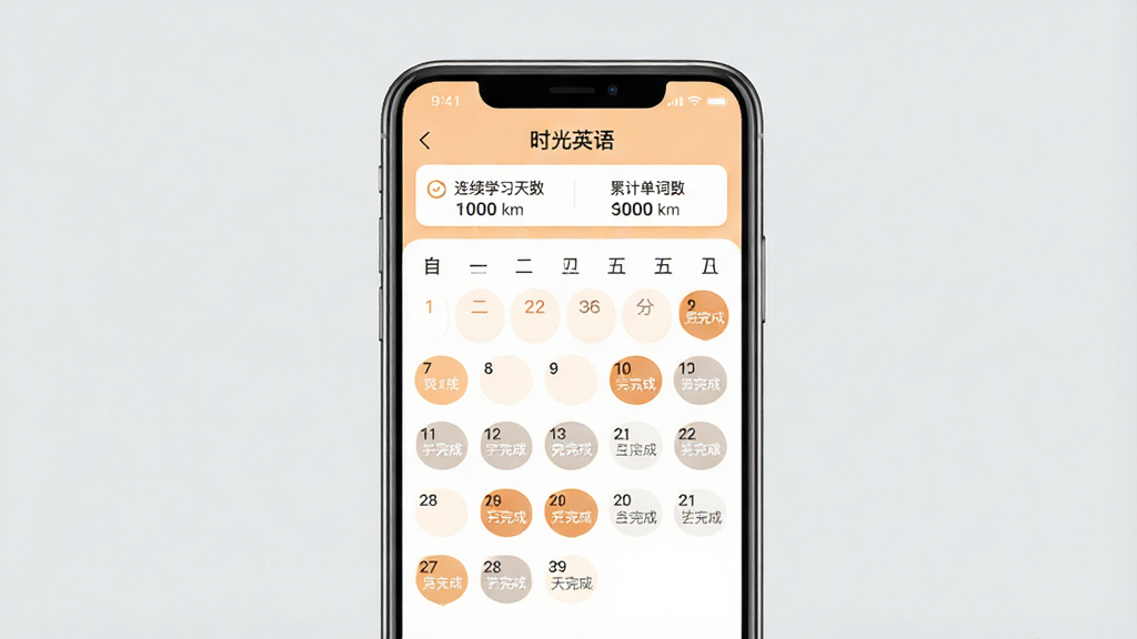һ���ֻ�Ӧ�ý���ʾ��ͼ����Ļ����ʾ��ʱ��Ӣ�APP��ѧϰ��¼ҳ�棬������ͼ���ж�����Ϊ�����״̬��������ʾ����ѧϰ�������ۼƵ�������������ǳ��ɫ�Ͱ�ɫΪ���������ܰ��࣬����Ϊ��ɫǳ�ң����ʸɾ��������޶���Ԫ��