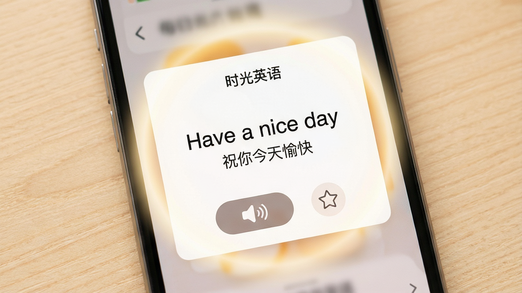 һ���ֻ���Ļ��дͼ�����������ǡ�ʱ��Ӣ�APP��ÿ��һ�俨Ƭ����Ƭ����ʾӢ�Ķ̾䡰Have a nice day�������ķ��롰ף�������족���·��з�����ť���ղ�ͼ�꣬��Ƭ��Χ����͵Ĺ���Ч����������ǳɫľ�����棬�����ů���������������ɾ����޶���Ԫ��